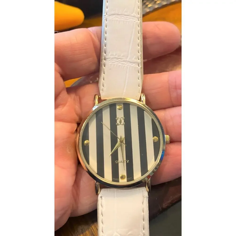 Women's 40mm Gold Tone Charming Charlie Watch, Striped Face with Black Band